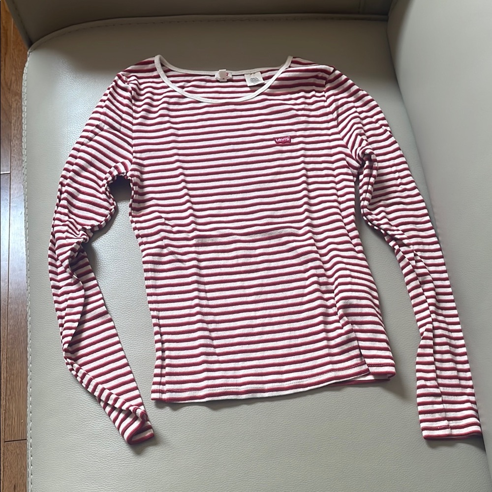 Levi's Red and White Striped Fitted Ribbed Long Sleeve Tee